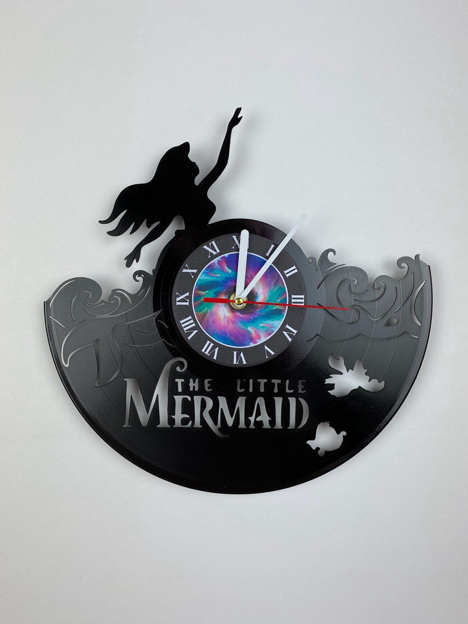 The Little Mermaid Vinyl Record Clock – 12" Clasic Decor – Handcrafted Mermaid Wall Art – Unique Gift for Cartoon Fans & Collectors