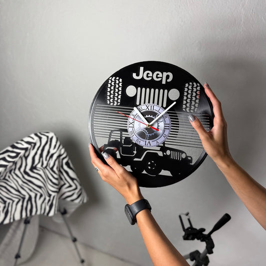 Jeep Vinyl Record Wall Clock – Rustic Car & Adventure Decor – Handcrafted 12" Vinyl Clock – Perfect Gift for Jeep Fans & Adventurers