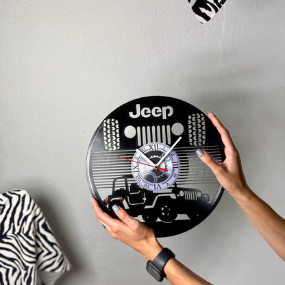 Jeep Vinyl Record Wall Clock – Rustic Car & Adventure Decor – Handcrafted 12" Vinyl Clock – Perfect Gift for Jeep Fans & Adventurers