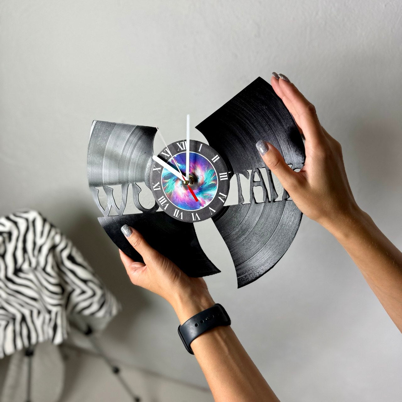 WuTang Vinyl Record Wall Clock – Handmade 12" Music Decor – Unique Urban Art Gift for Fans & Collectors