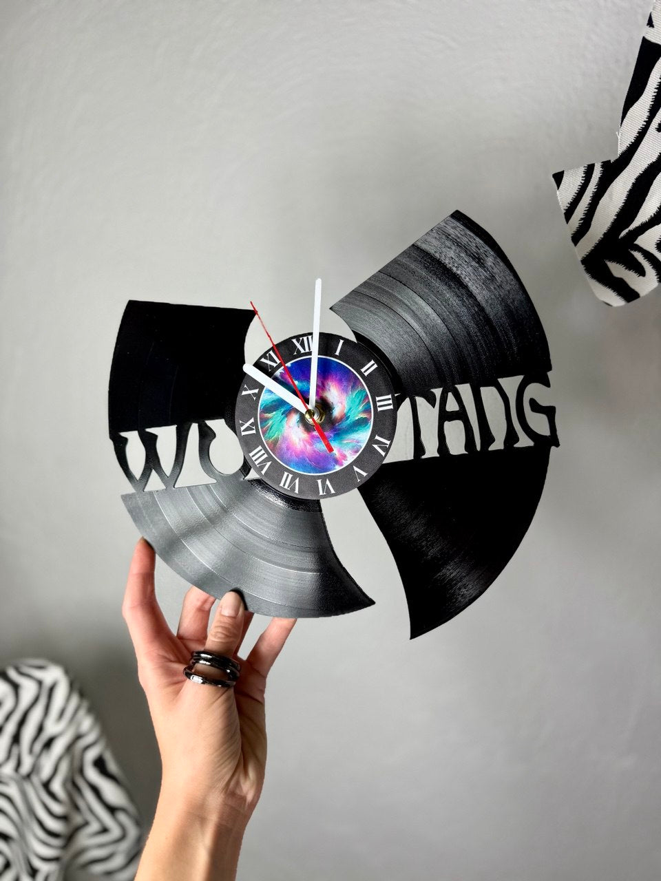 WuTang Vinyl Record Wall Clock – Handmade 12" Music Decor – Unique Urban Art Gift for Fans & Collectors
