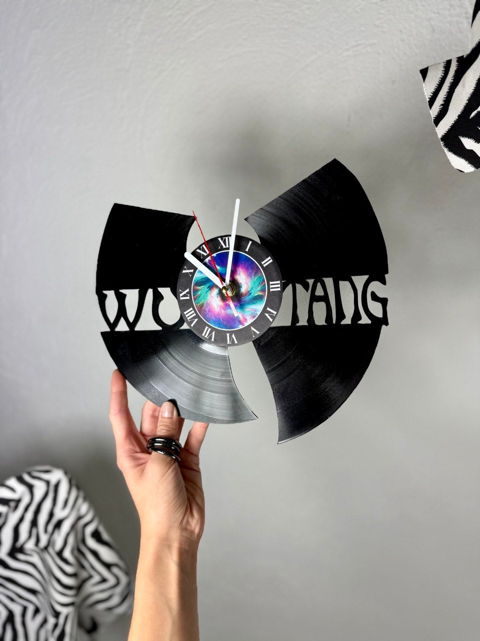 WuTang Vinyl Record Wall Clock – Handmade 12" Music Decor – Unique Urban Art Gift for Fans & Collectors
