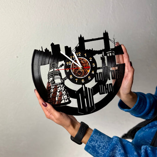 Doctor Who Vinyl Record Wall Clock – Unique TARDIS & Time Lord Decor – Handcrafted 12" Vinyl Clock – Perfect Gift for Whovians