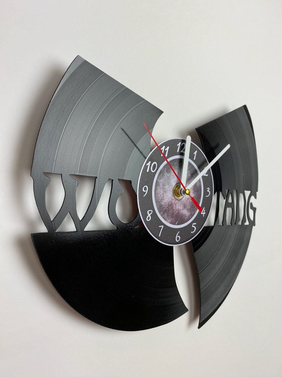 WuTang Vinyl Record Wall Clock – Handmade 12" Muddy Music Decor – Unique Urban Art Gift for Fans & Collectors