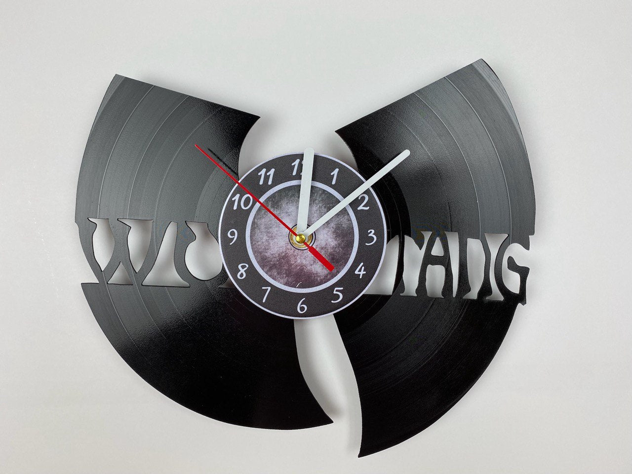 WuTang Vinyl Record Wall Clock – Handmade 12" Muddy Music Decor – Unique Urban Art Gift for Fans & Collectors