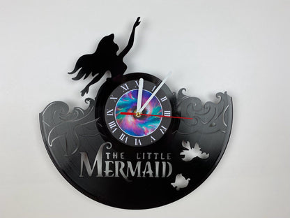The Little Mermaid Vinyl Record Clock – 12" Clasic Decor – Handcrafted Mermaid Wall Art – Unique Gift for Cartoon Fans & Collectors