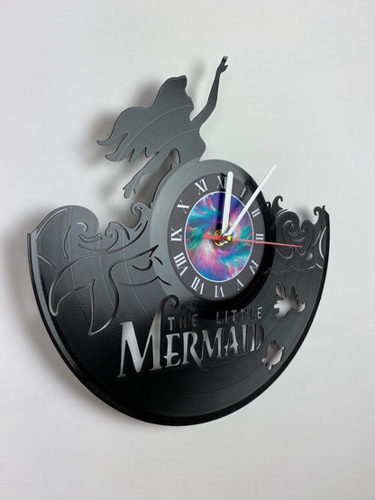The Little Mermaid Vinyl Record Clock – 12" Clasic Decor – Handcrafted Mermaid Wall Art – Unique Gift for Cartoon Fans & Collectors