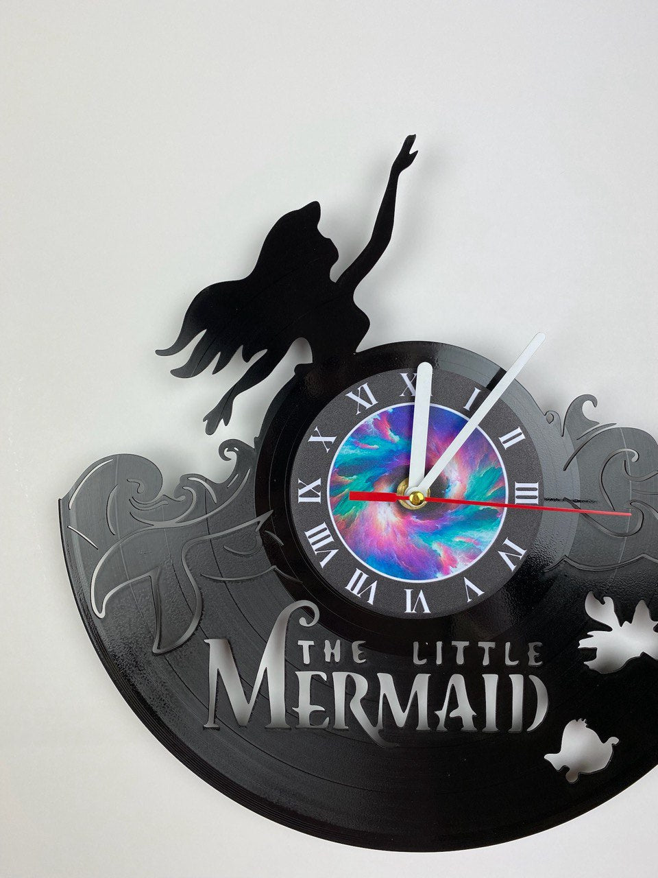The Little Mermaid Vinyl Record Clock – 12" Clasic Decor – Handcrafted Mermaid Wall Art – Unique Gift for Cartoon Fans & Collectors