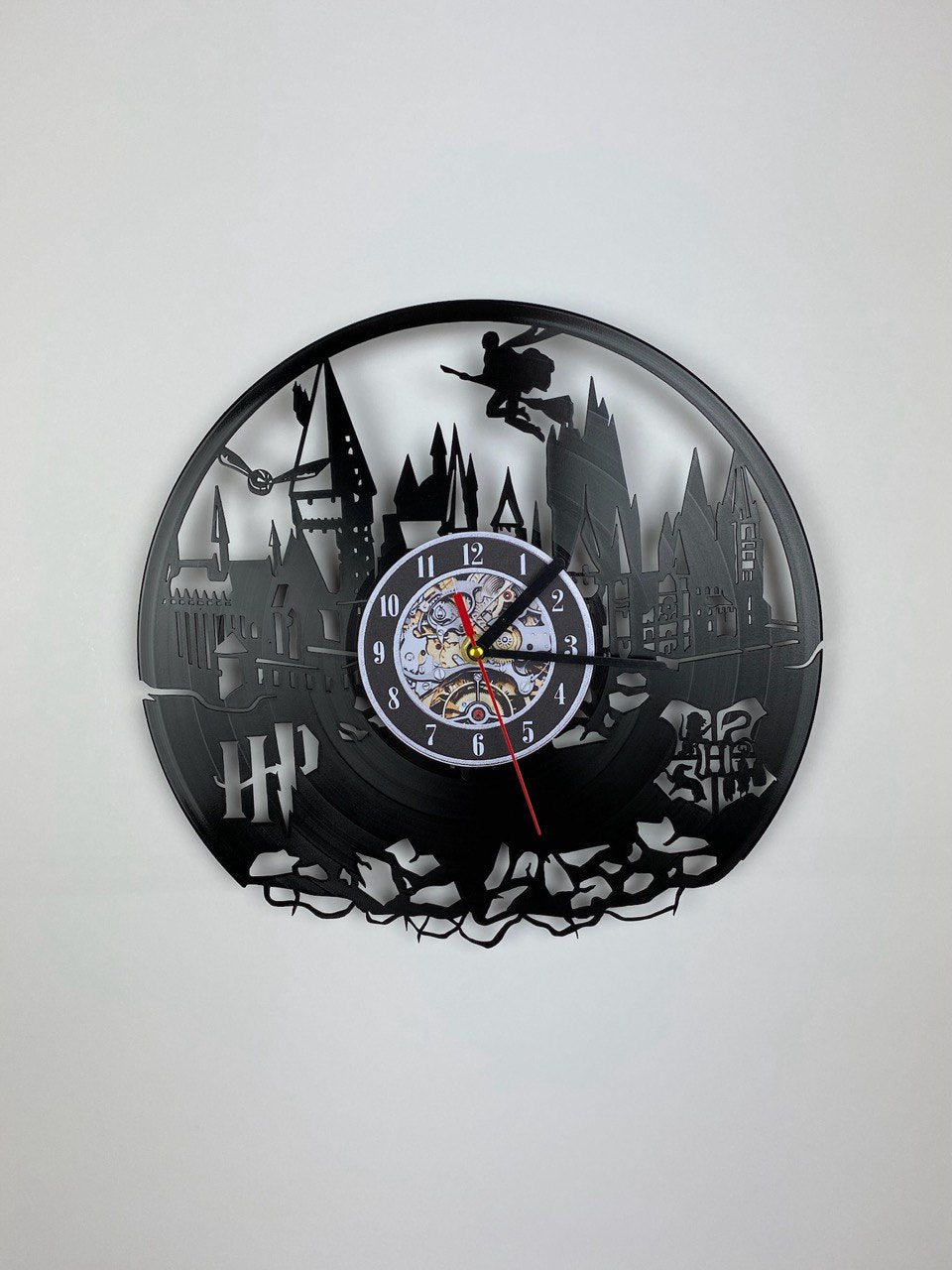 Vinyl Record Clock – 12" Wizarding School World Decor – Handcrafted Magical Wall Clock
