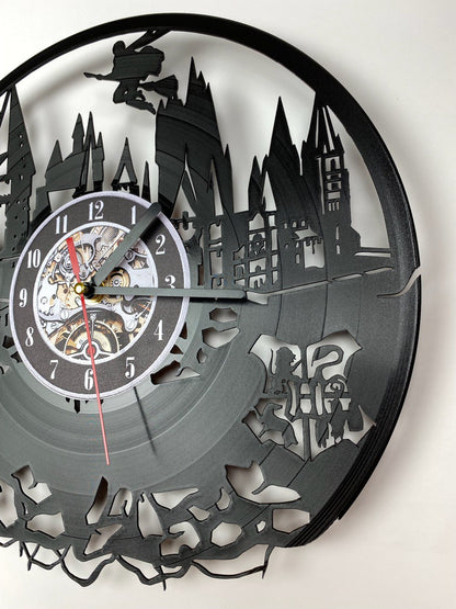 Vinyl Record Clock – 12" Wizarding School World Decor – Handcrafted Magical Wall Clock