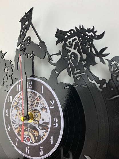 Epic Fantasy Trolls Vinyl Record Wall Clock – 12" Medieval & RPG Decor – Handcrafted Retro Style Art – Unique Gift for Warcraft & Gaming Enthusiasts