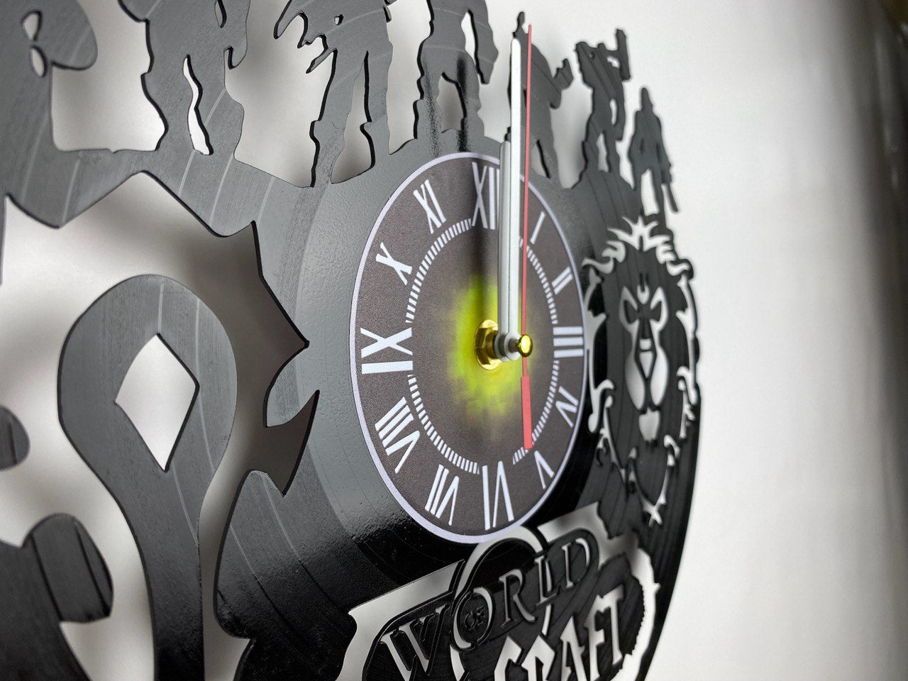 Epic Fantasy Vinyl Record Wall Clock – 12" Medieval & RPG Green Decor – Handcrafted Retro Style Art – Unique Gift for Warcraft & Gaming Enthusiasts