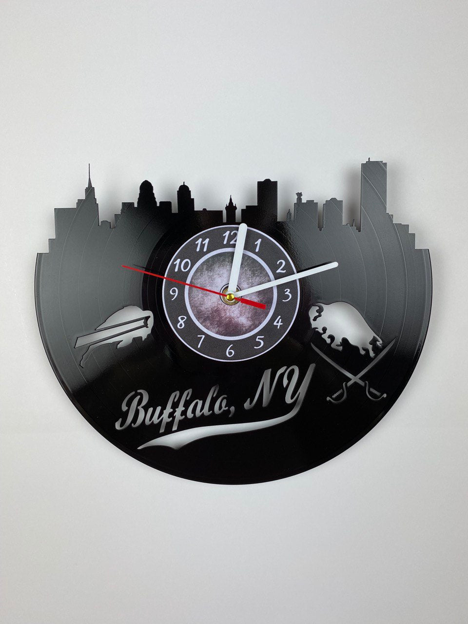 Buffalo NY Vinyl Record Wall Clock – 12" City & Music Decor – Handcrafted Retro Wall Art – Unique Gift for Buffalo Lovers & Music Fans