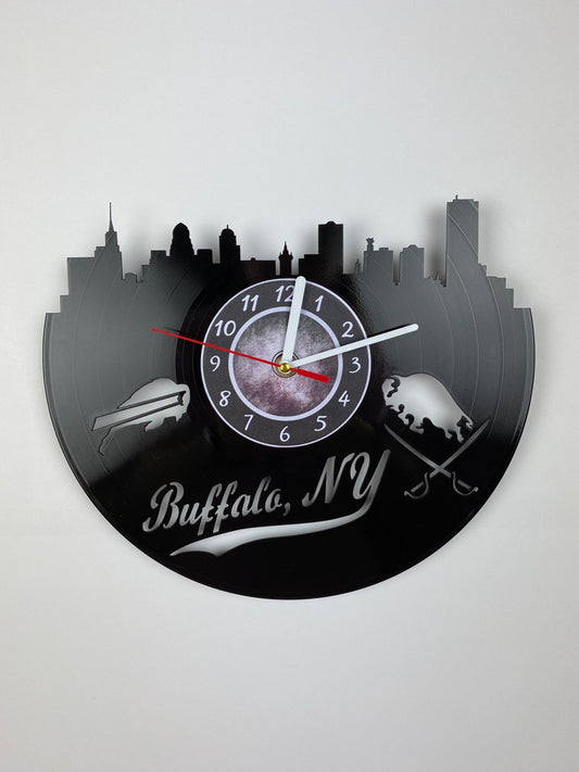 Buffalo NY Vinyl Record Wall Clock – 12" City & Music Decor – Handcrafted Retro Wall Art – Unique Gift for Buffalo Lovers & Music Fans