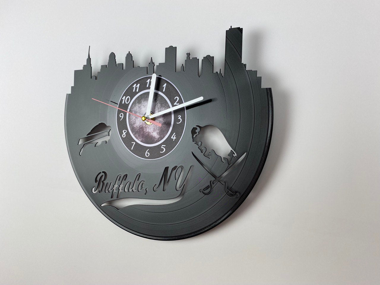 Buffalo NY Vinyl Record Wall Clock – 12" City & Music Decor – Handcrafted Retro Wall Art – Unique Gift for Buffalo Lovers & Music Fans