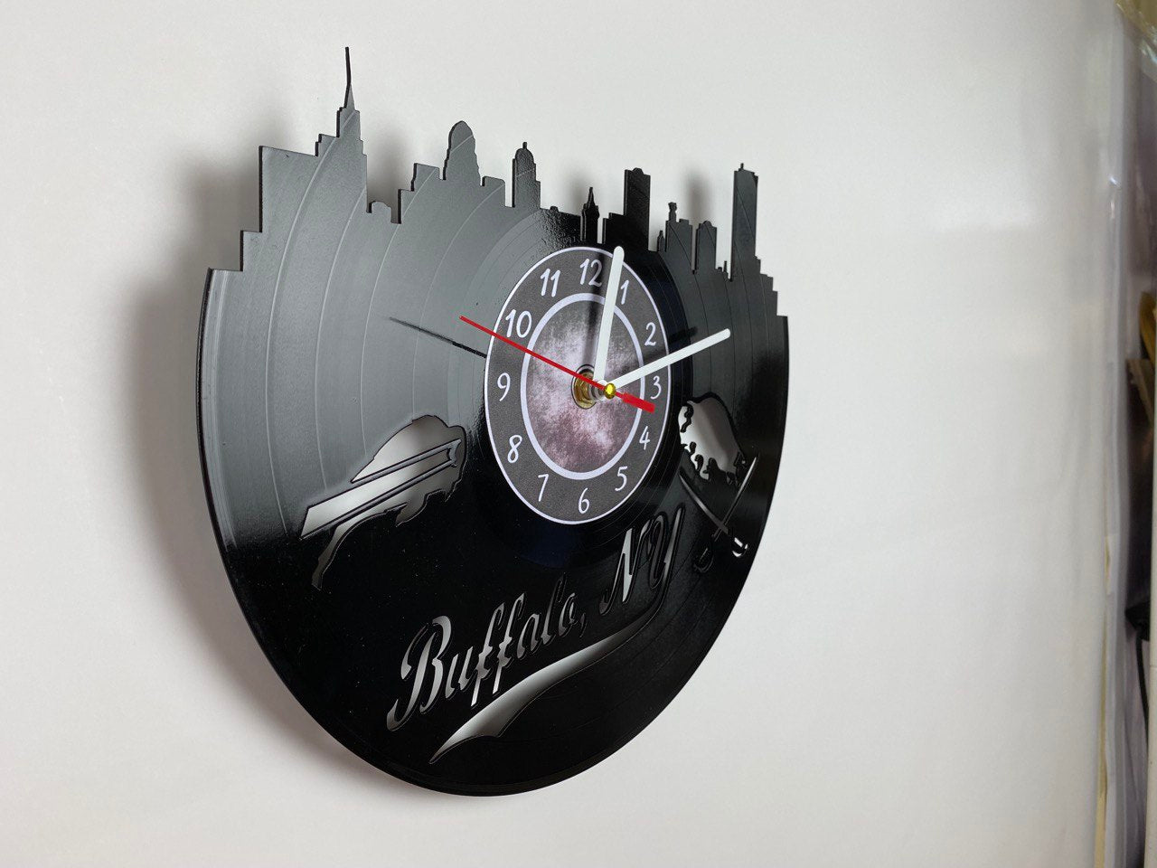 Buffalo NY Vinyl Record Wall Clock – 12" City & Music Decor – Handcrafted Retro Wall Art – Unique Gift for Buffalo Lovers & Music Fans