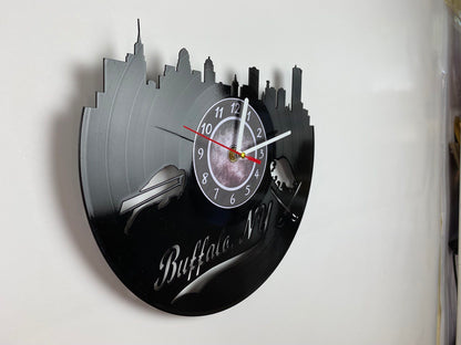 Buffalo NY Vinyl Record Wall Clock – 12" City & Music Decor – Handcrafted Retro Wall Art – Unique Gift for Buffalo Lovers & Music Fans
