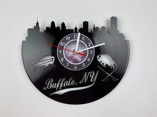 Buffalo NY Vinyl Record Wall Clock – 12" City & Music Decor – Handcrafted Retro Wall Art – Unique Gift for Buffalo Lovers & Music Fans