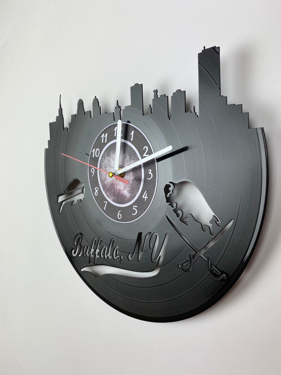 Buffalo NY Vinyl Record Wall Clock – 12" City & Music Decor – Handcrafted Retro Wall Art – Unique Gift for Buffalo Lovers & Music Fans