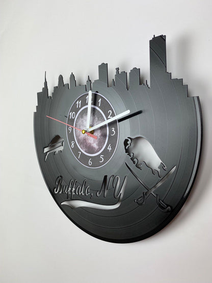 Buffalo NY Vinyl Record Wall Clock – 12" City & Music Decor – Handcrafted Retro Wall Art – Unique Gift for Buffalo Lovers & Music Fans