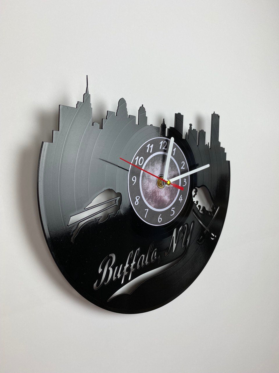 Buffalo NY Vinyl Record Wall Clock – 12" City & Music Decor – Handcrafted Retro Wall Art – Unique Gift for Buffalo Lovers & Music Fans