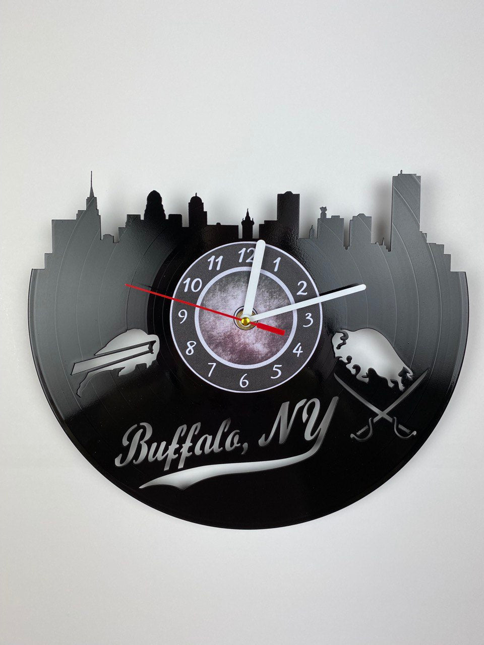 Buffalo NY Vinyl Record Wall Clock – 12" City & Music Decor – Handcrafted Retro Wall Art – Unique Gift for Buffalo Lovers & Music Fans
