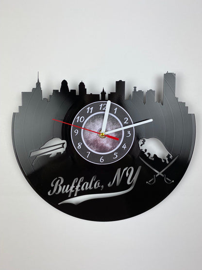 Buffalo NY Vinyl Record Wall Clock – 12" City & Music Decor – Handcrafted Retro Wall Art – Unique Gift for Buffalo Lovers & Music Fans