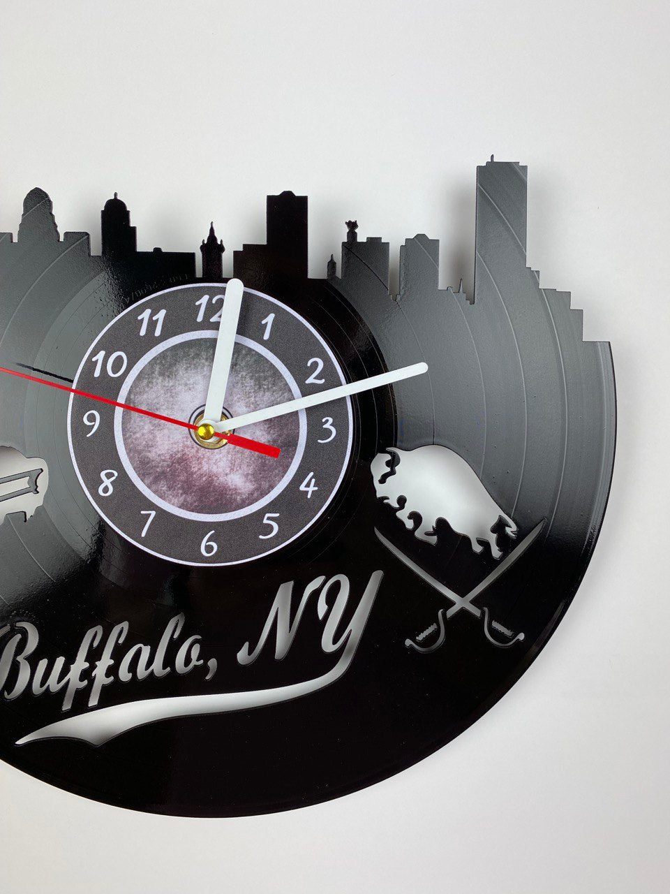 Buffalo NY Vinyl Record Wall Clock – 12" City & Music Decor – Handcrafted Retro Wall Art – Unique Gift for Buffalo Lovers & Music Fans