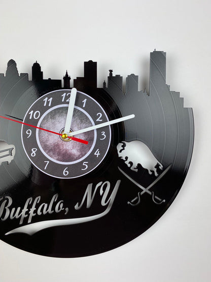 Buffalo NY Vinyl Record Wall Clock – 12" City & Music Decor – Handcrafted Retro Wall Art – Unique Gift for Buffalo Lovers & Music Fans
