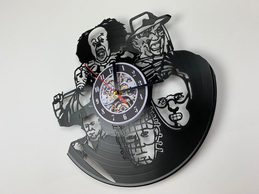 Horror Movie Vinyl Record Wall Clock – 12" Haunted Halloween Decor – Handcrafted Retro Horror Wall Art – Unique Gift for Horror & Halloween Fans