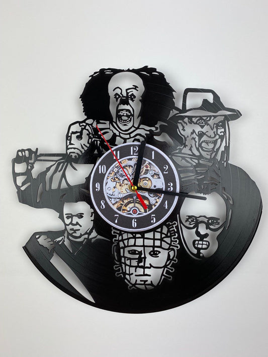 Horror Movie Vinyl Record Wall Clock – 12" Haunted Halloween Decor – Handcrafted Retro Horror Wall Art – Unique Gift for Horror & Halloween Fans