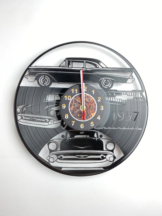 Chevy Car Vinyl Record Wall Clock – 12" Vintage & Classic Car Decor – Handcrafted Retro Auto Wall Art – Unique Gift for Car Enthusiasts
